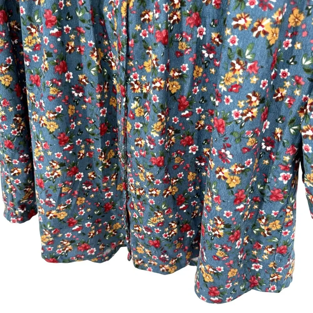 UMGEE Sz Small Floral Corduroy Dress Long Sleeve Fall Winter Autumn Artsy Blue - Picture 7 of 9